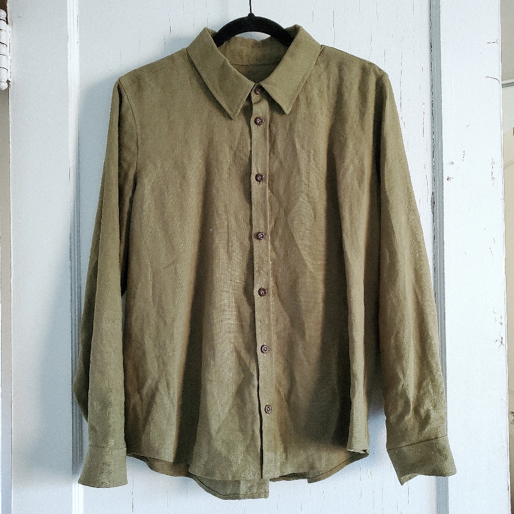 Relaxed Fit Earthy Green Lightweight 100% Linen Long Sleeve Button Up Shirt